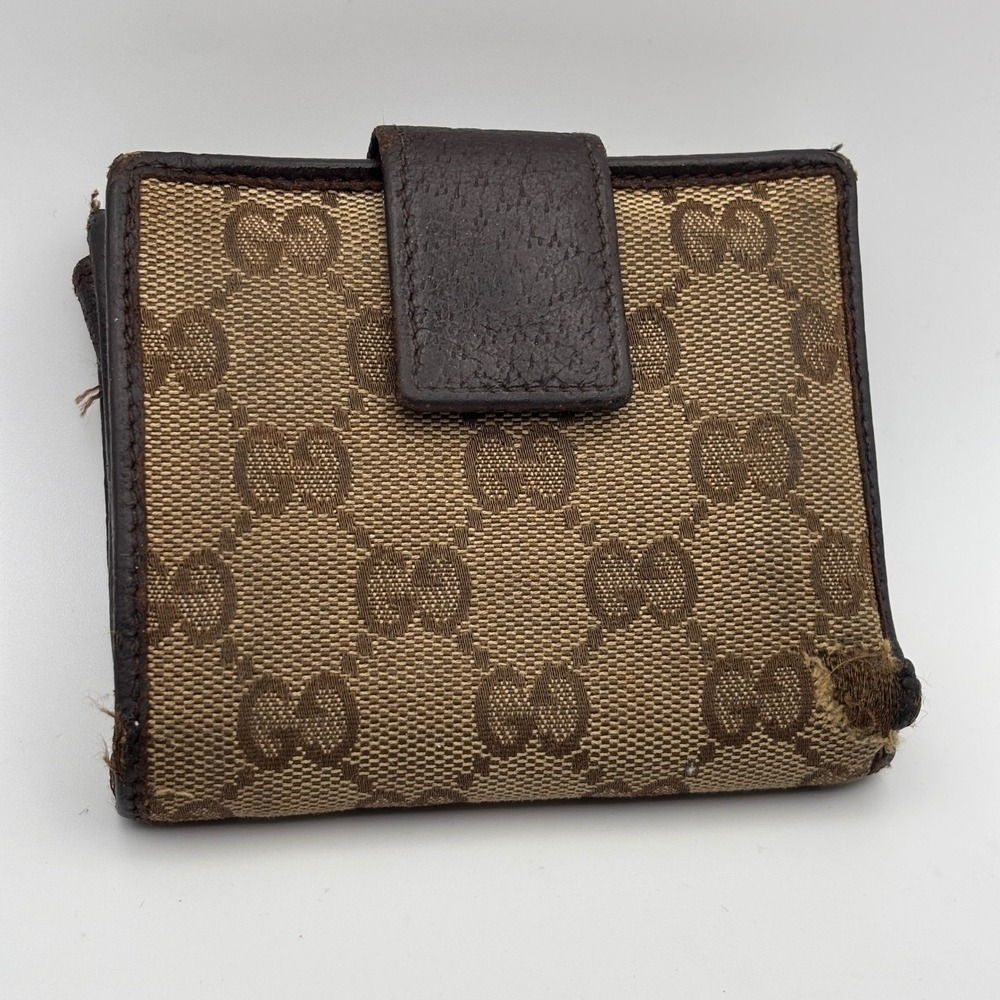 Gucci Wallet Women Compact Brown GG Monogram Canvas Metal Bar Trifold - Picture 2 of 10